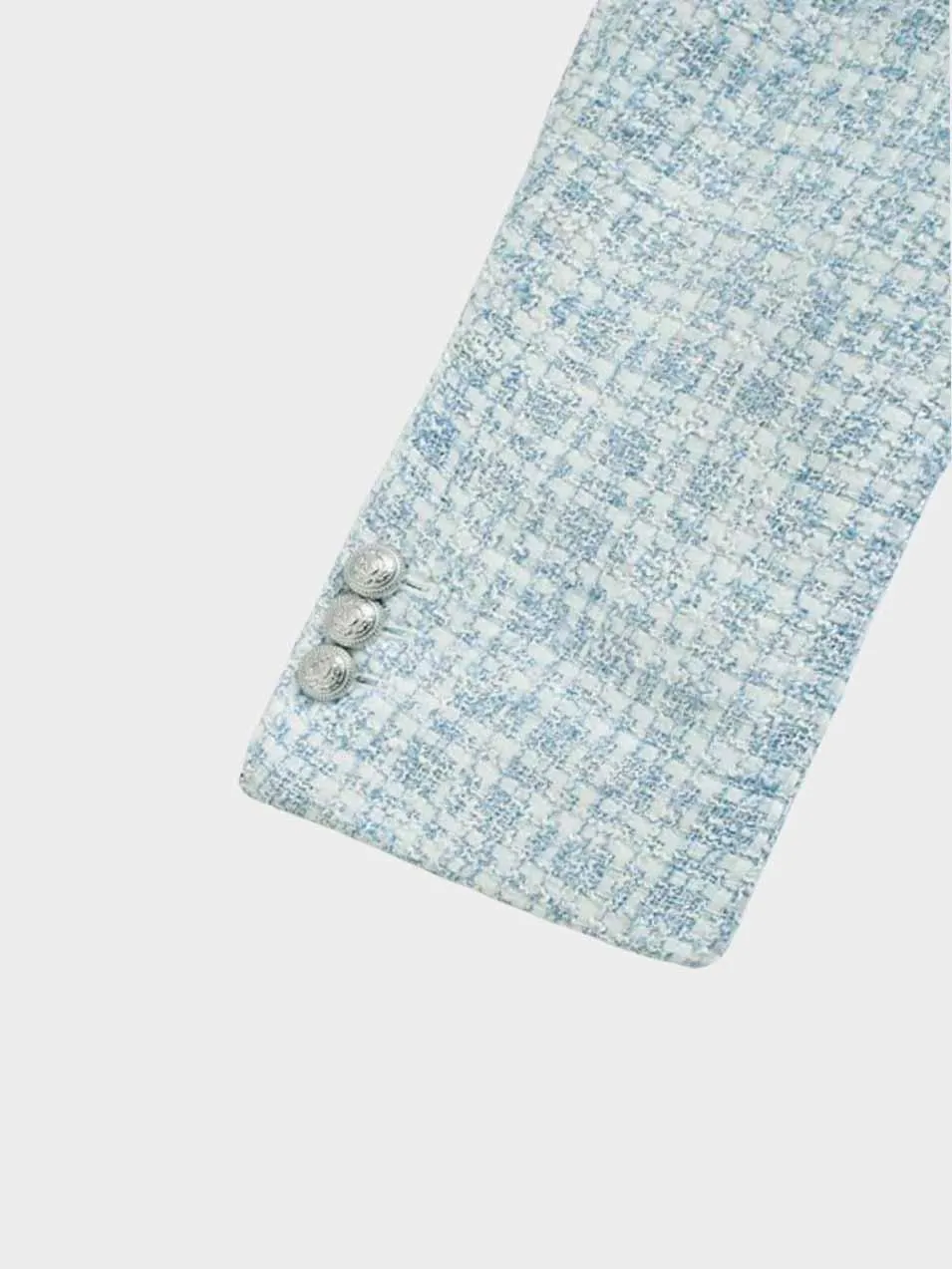 Women's Elegant Mid-Length Light Blue Tweed Blazer with Buttons | Chic All-Season Wear