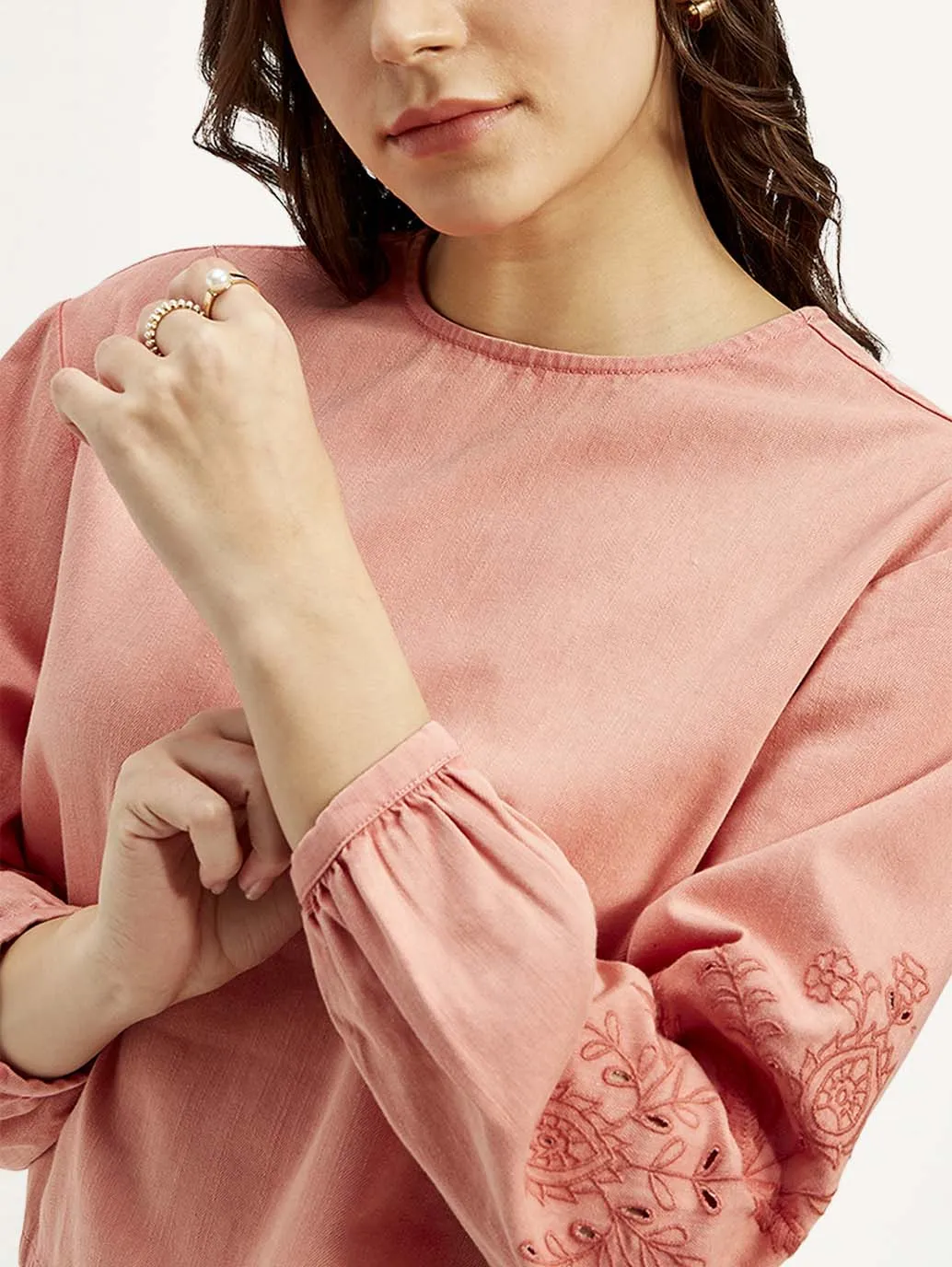 Women's Embroidered Coral Round Neck Top