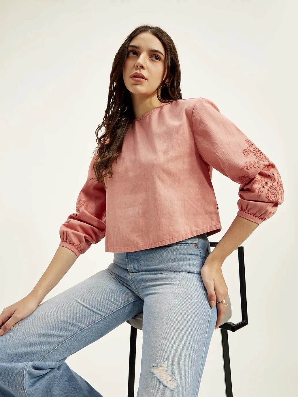 Women's Embroidered Coral Round Neck Top