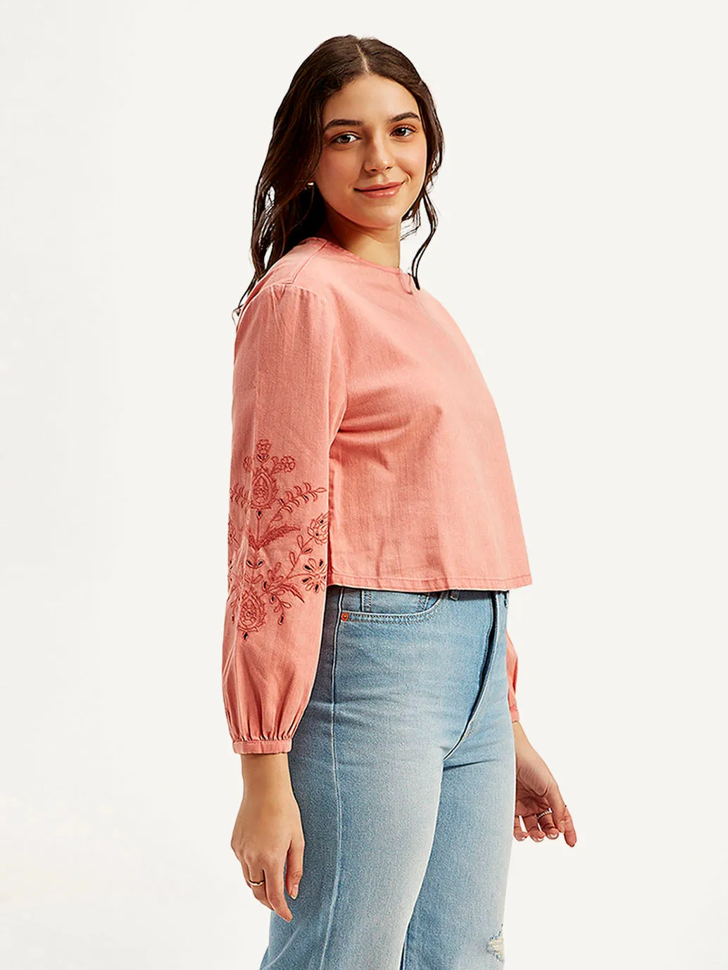 Women's Embroidered Coral Round Neck Top