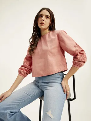 Women's Embroidered Coral Round Neck Top