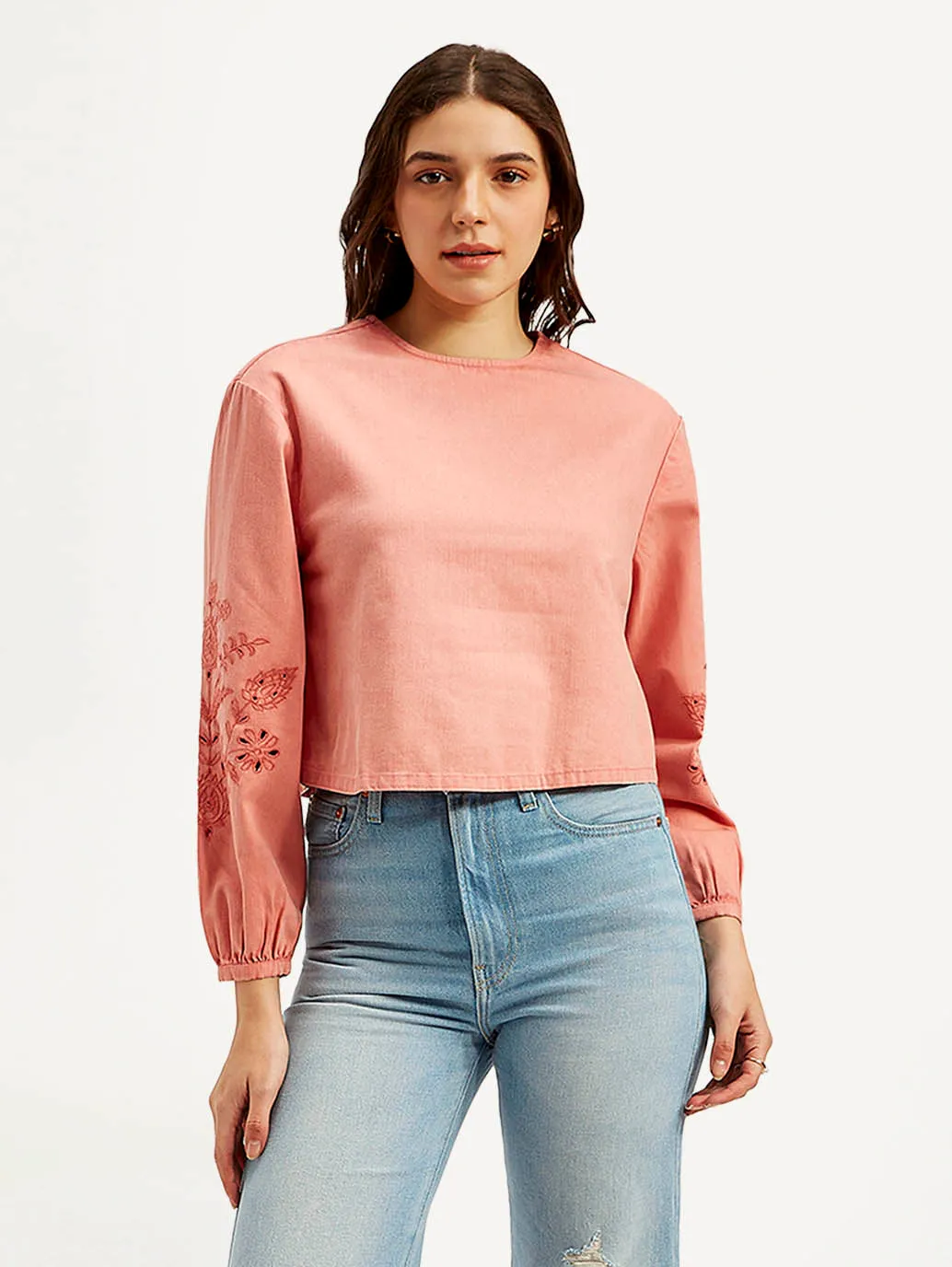 Women's Embroidered Coral Round Neck Top