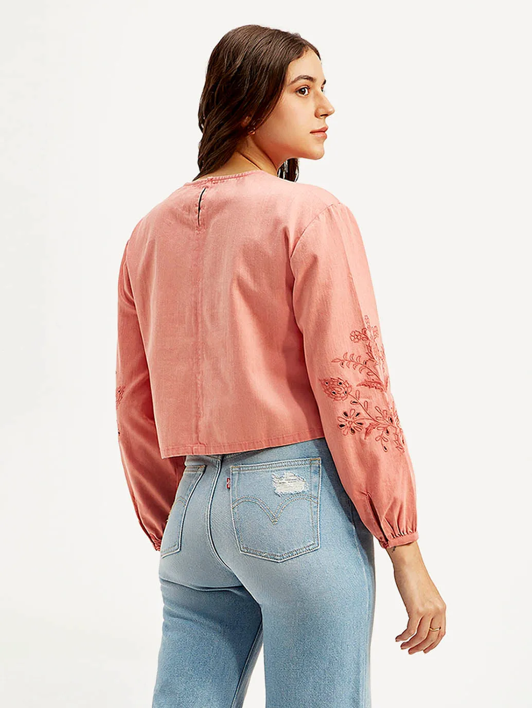 Women's Embroidered Coral Round Neck Top