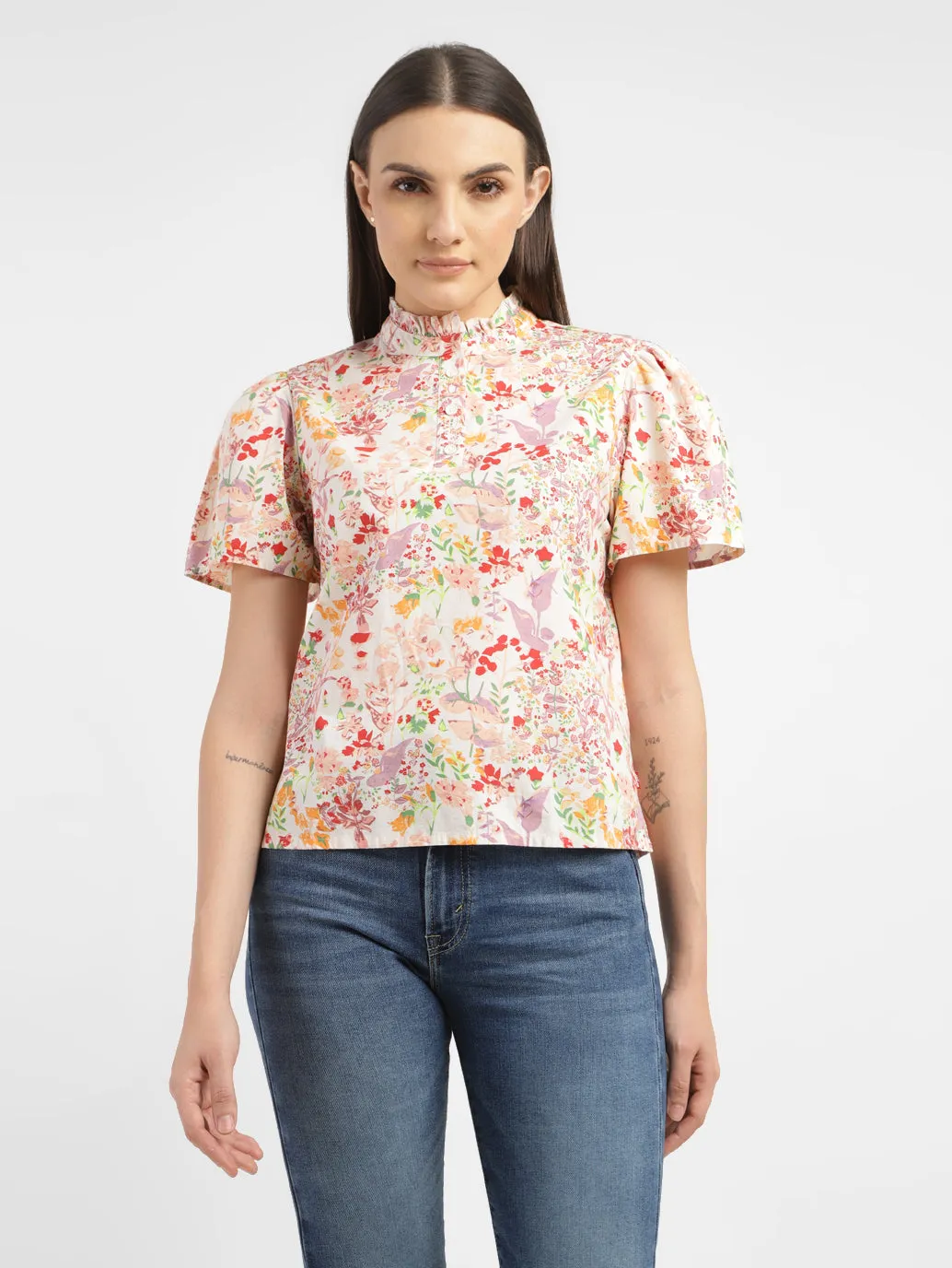 Women's Floral Print Band Neck Top