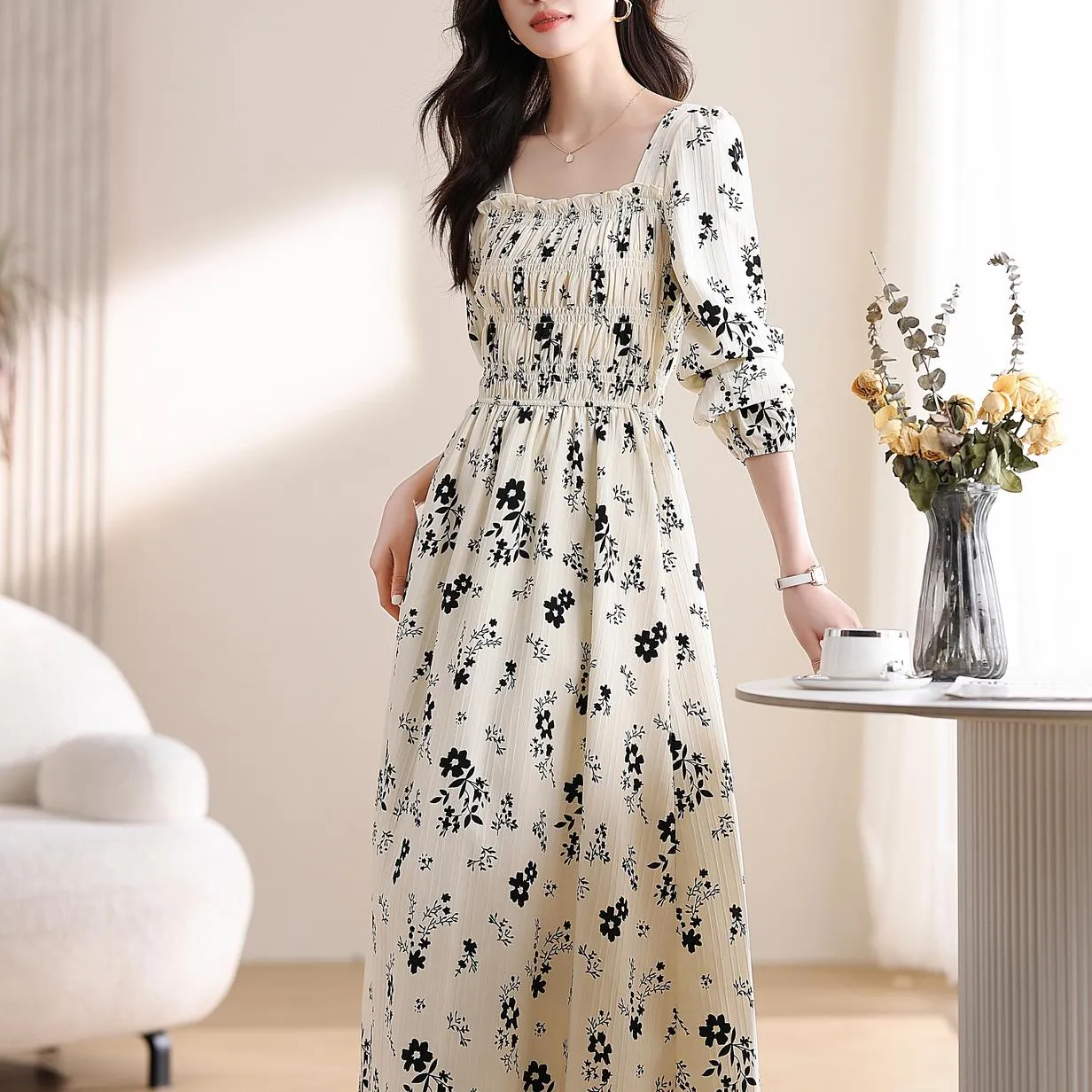 Women's Long Sleeve Maxi Dress with Charming Floral Design