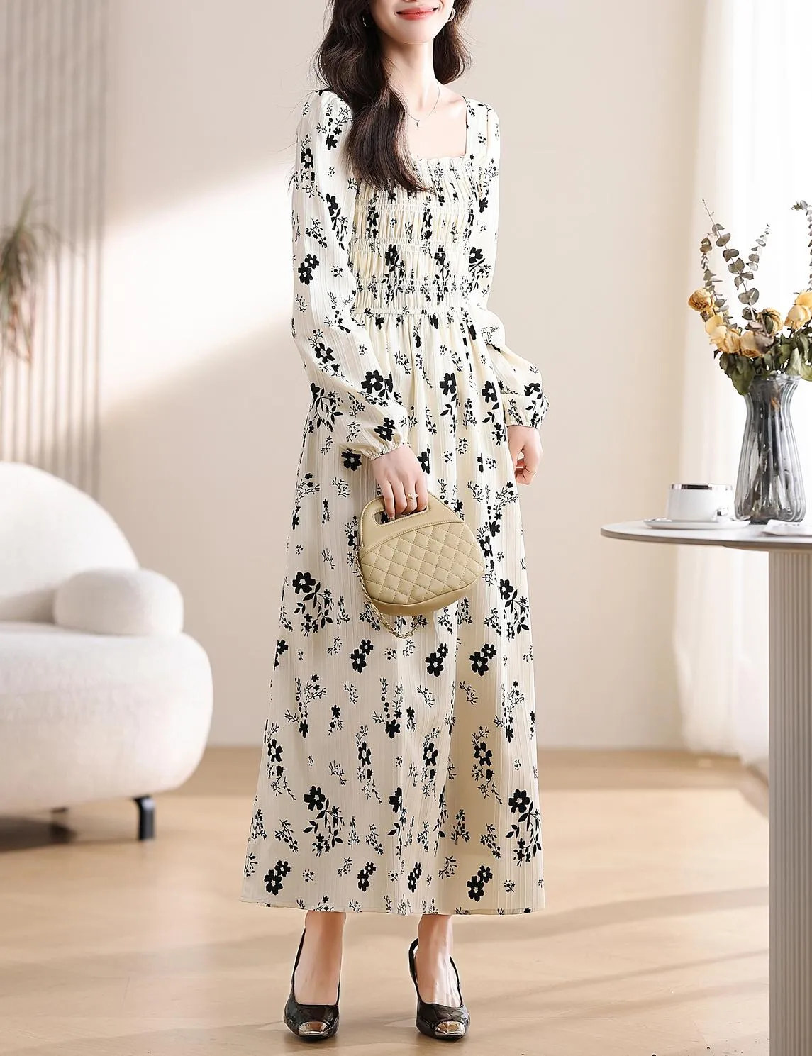 Women's Long Sleeve Maxi Dress with Charming Floral Design