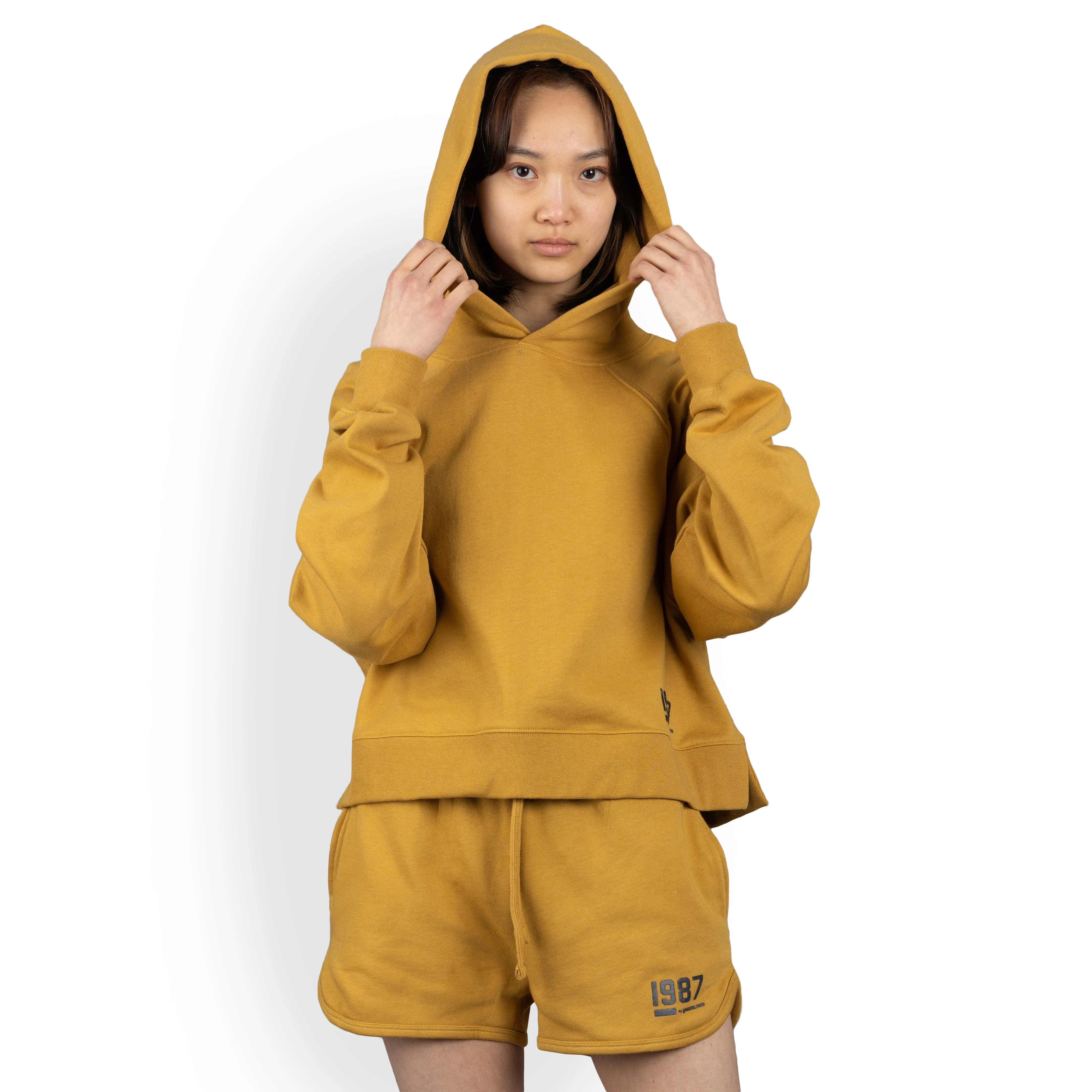 Womens Oversized Raglan Fleece Cropped Hoodie - Honey Mustard