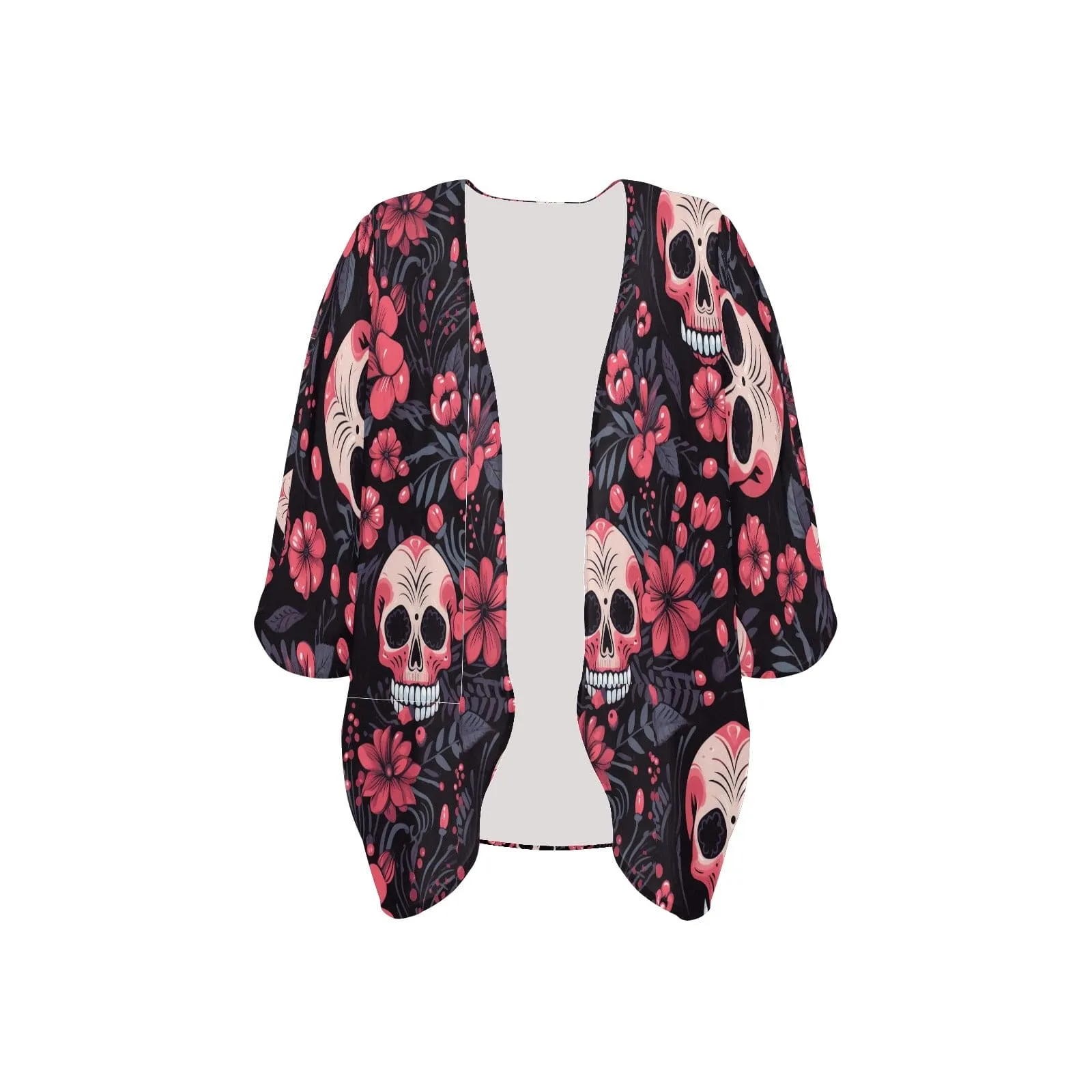 Women's Pink Floral Skulls Kimono Chiffon Light Jacket