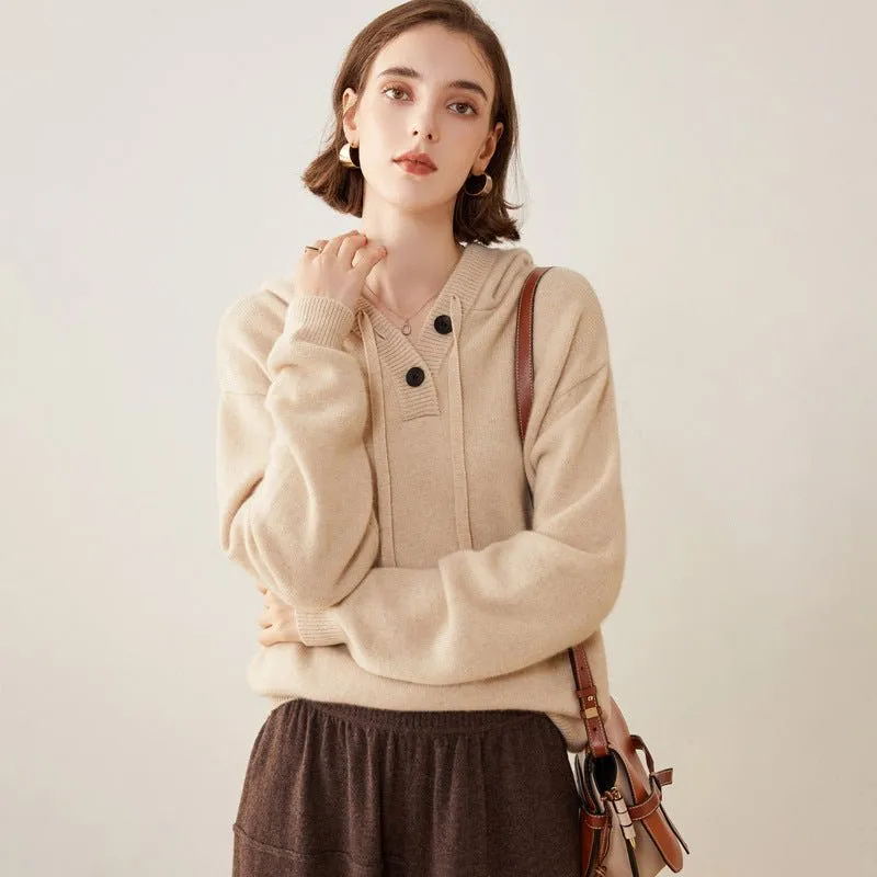 Womens Pure Cashmere Hoodie Buttoned Neckline Cashmere Sweater Hoody