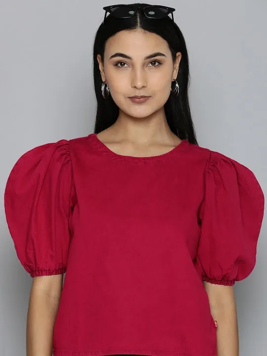 Women's Solid Red Round Neck Top