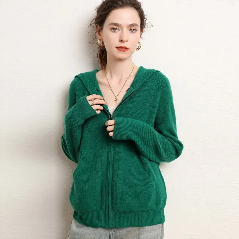Womens Zip-Up Cashmere Hoodie Front Pockets Long Sleeve Cashmere Coat