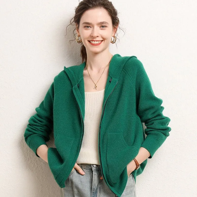 Womens Zip-Up Cashmere Hoodie Front Pockets Long Sleeve Cashmere Coat