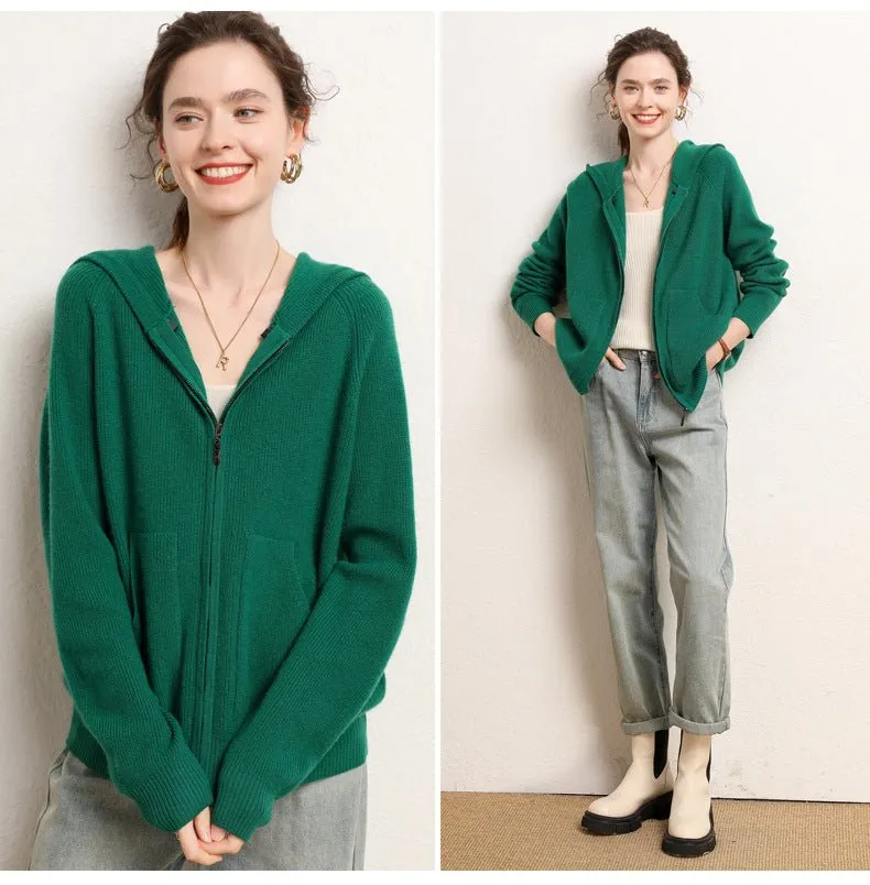 Womens Zip-Up Cashmere Hoodie Front Pockets Long Sleeve Cashmere Coat