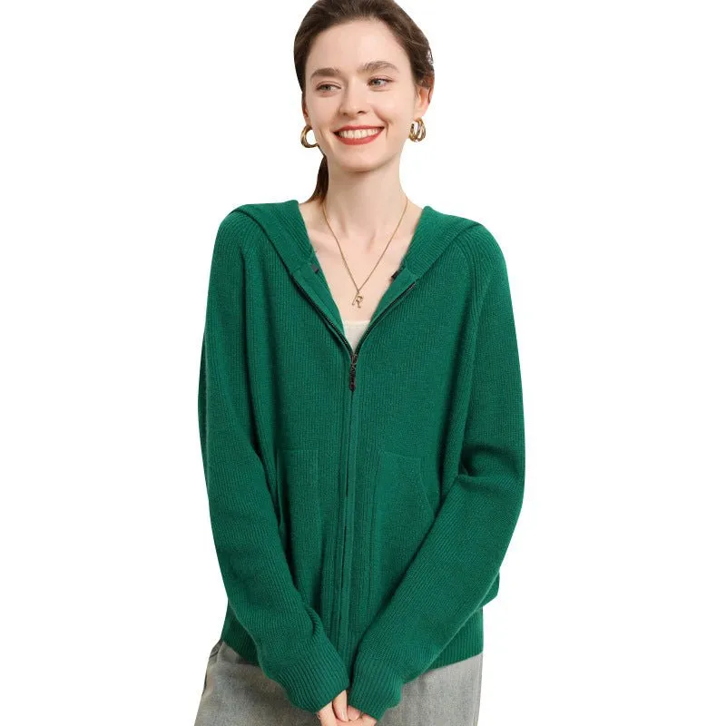 Womens Zip-Up Cashmere Hoodie Front Pockets Long Sleeve Cashmere Coat