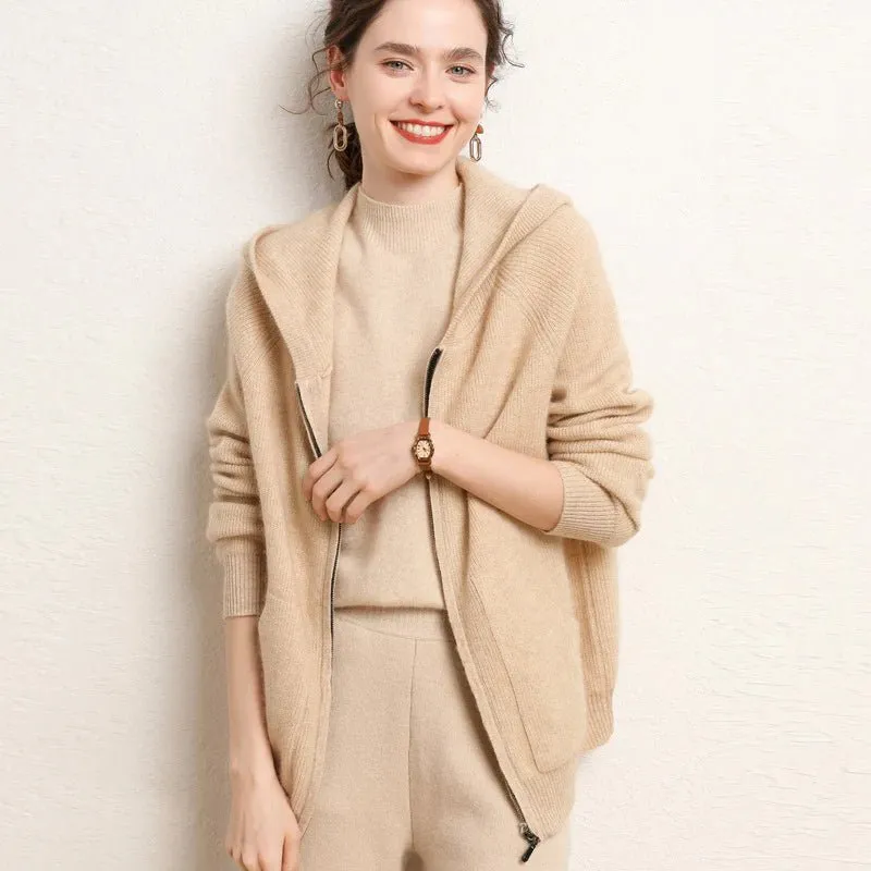 Womens Zip-Up Cashmere Hoodie Front Pockets Long Sleeve Cashmere Coat