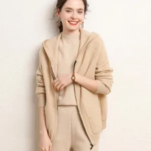 Womens Zip-Up Cashmere Hoodie Front Pockets Long Sleeve Cashmere Coat