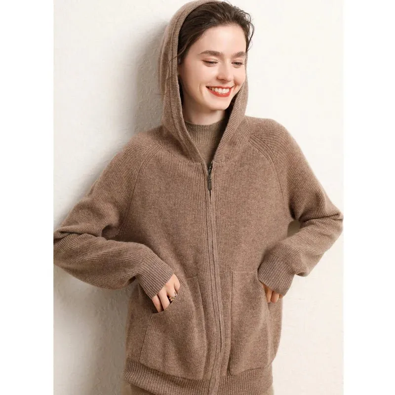 Womens Zip-Up Cashmere Hoodie Front Pockets Long Sleeve Cashmere Coat