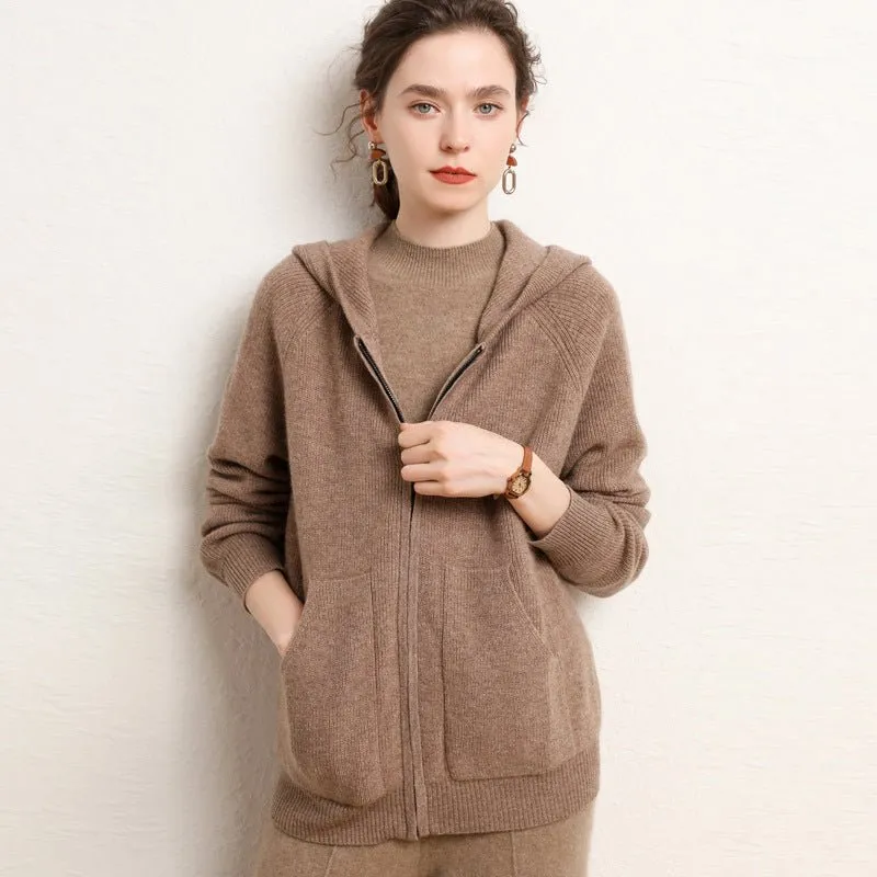 Womens Zip-Up Cashmere Hoodie Front Pockets Long Sleeve Cashmere Coat