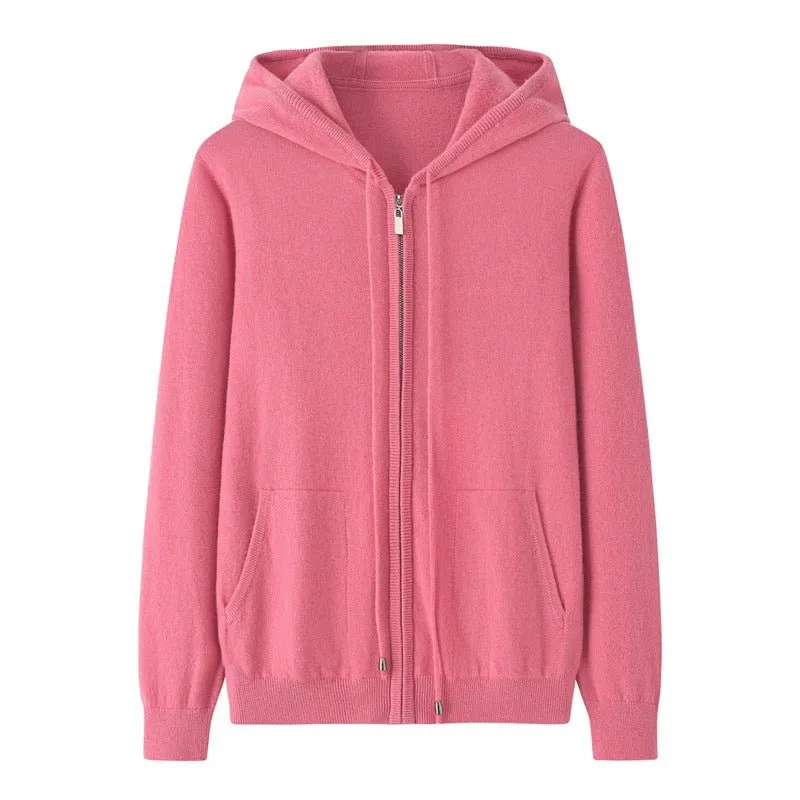 Womens Zip-Up Cashmere Hoodie With Kangaroo Pockets Cashmere Cardigans