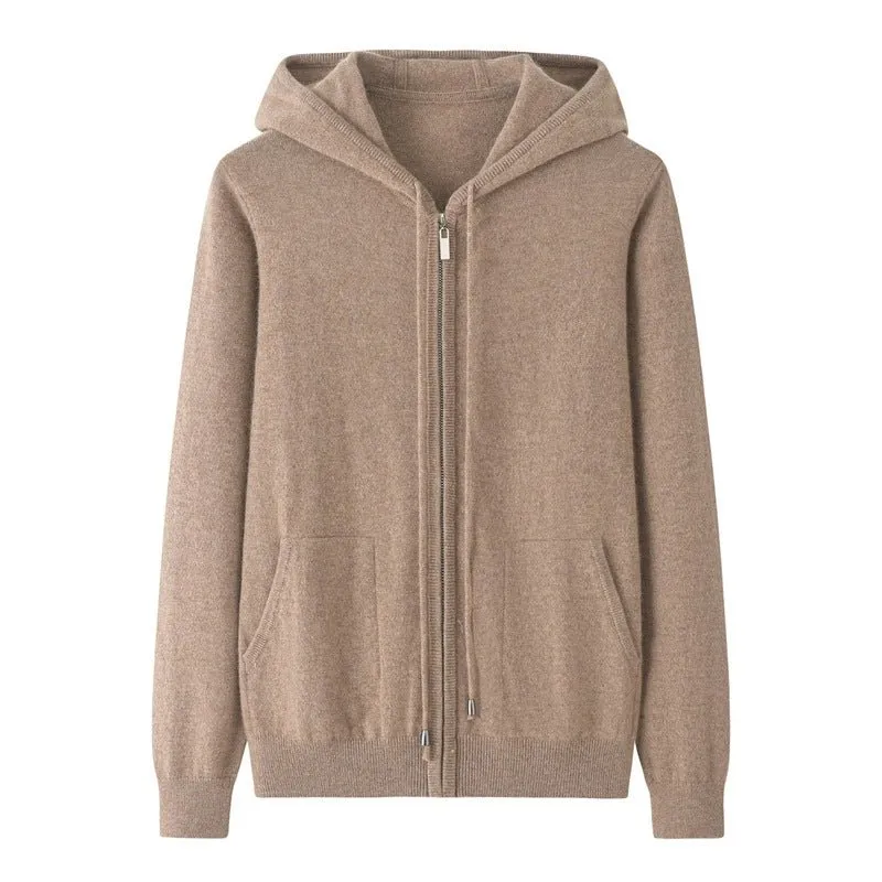 Womens Zip-Up Cashmere Hoodie With Kangaroo Pockets Cashmere Cardigans