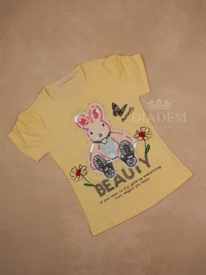 Yellow Cotton Half Sleeve T-Shirt with Rabbit and Sequins Designs for Girls