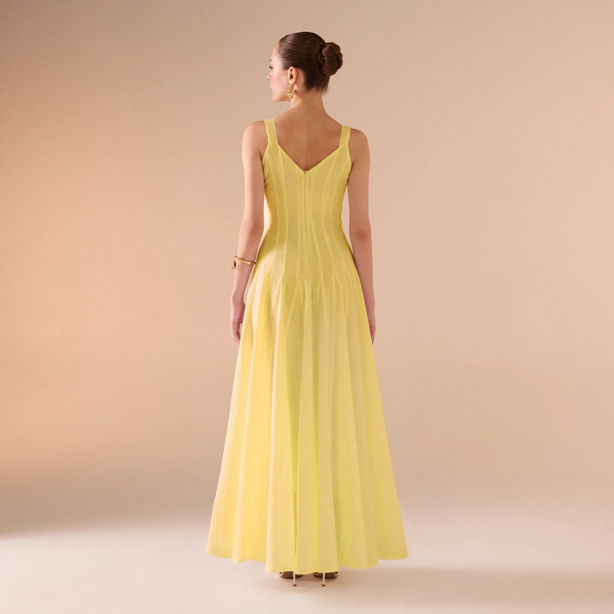 Yellow Fitted Waist Maxi Linen Dress