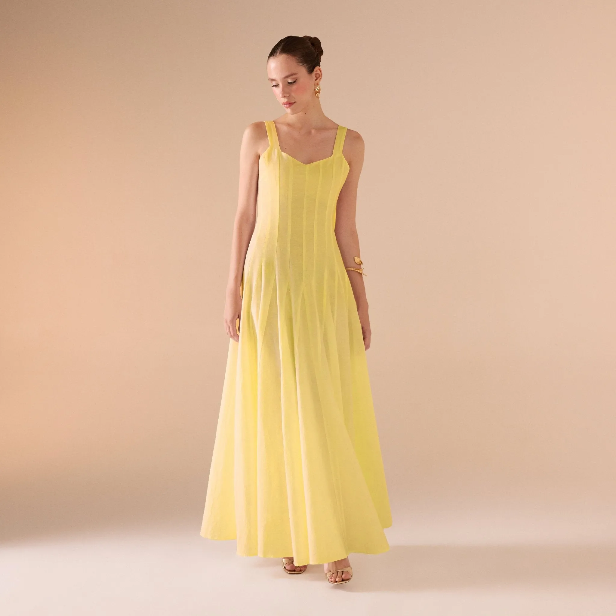 Yellow Fitted Waist Maxi Linen Dress