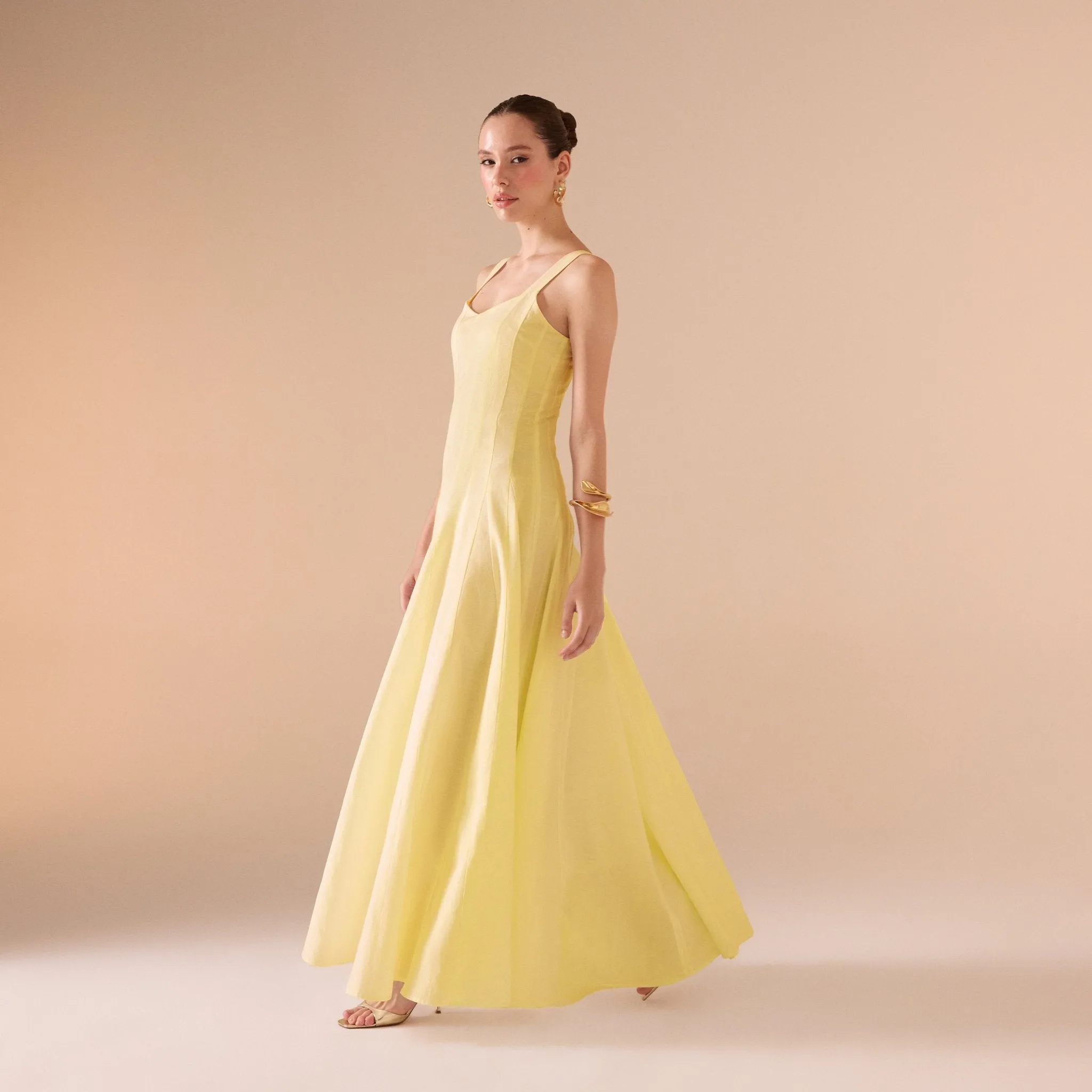 Yellow Fitted Waist Maxi Linen Dress