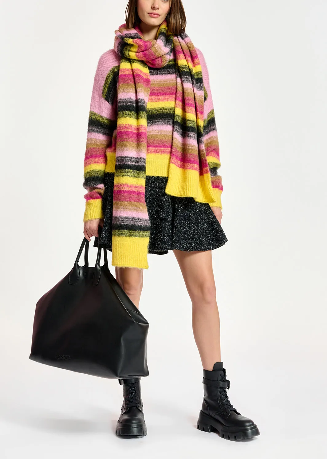 Yellow, pink and black striped knit sweater