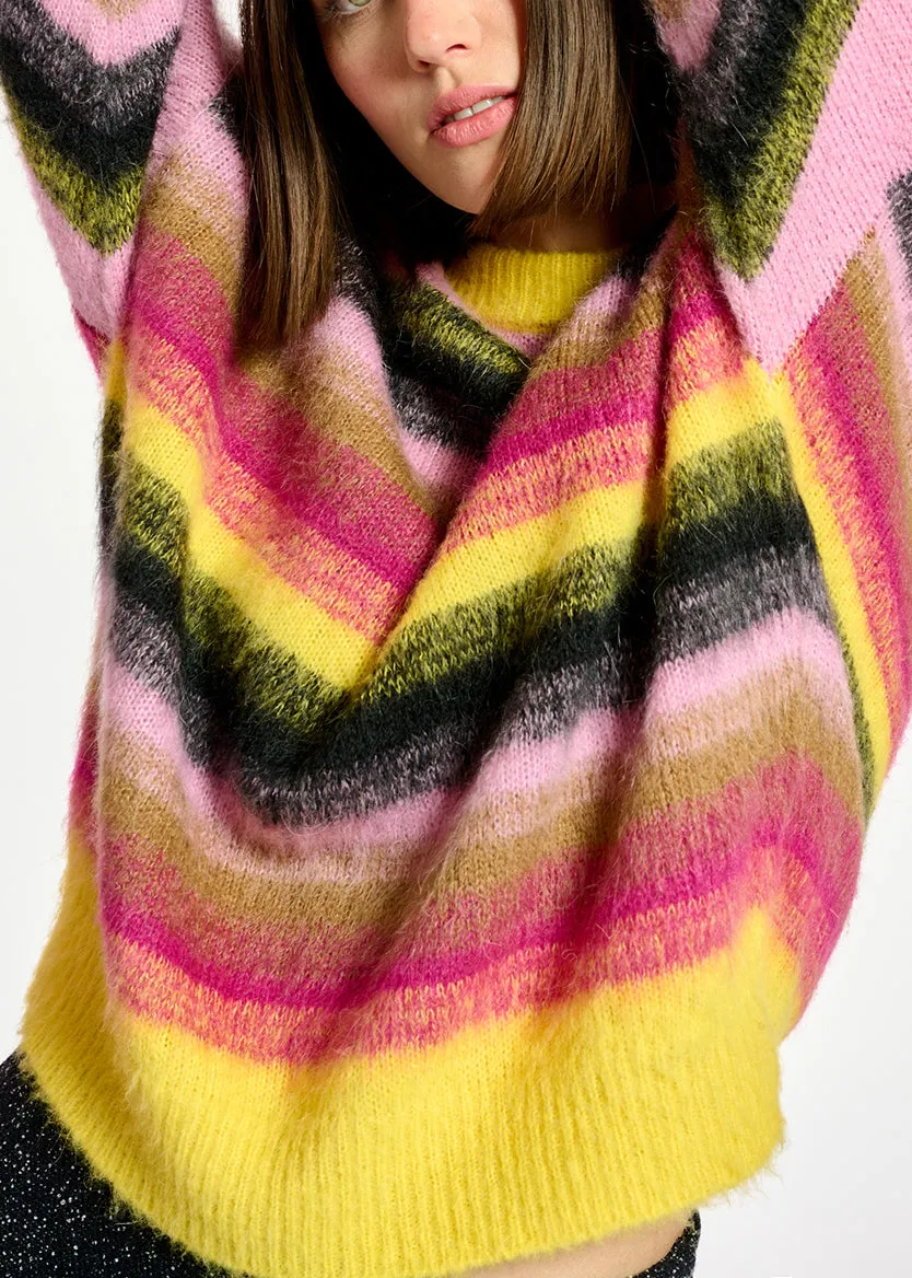 Yellow, pink and black striped knit sweater