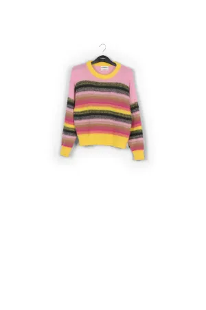 Yellow, pink and black striped knit sweater