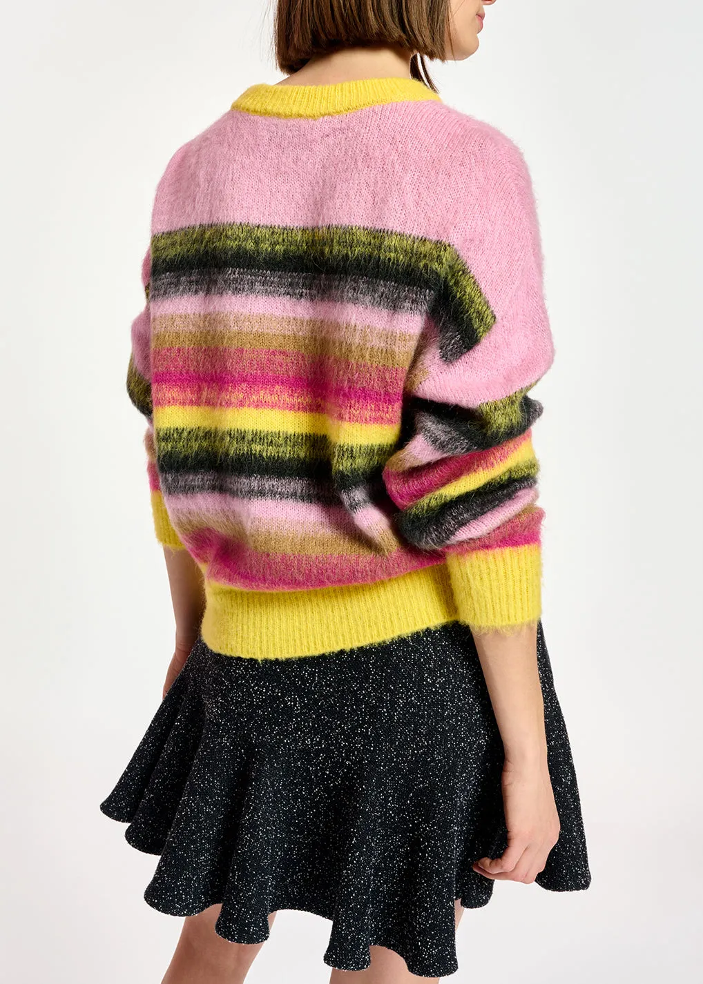Yellow, pink and black striped knit sweater