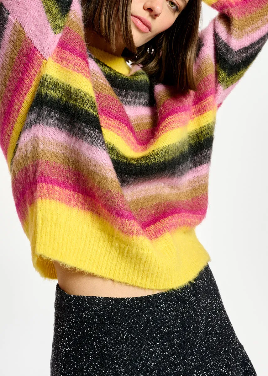 Yellow, pink and black striped knit sweater