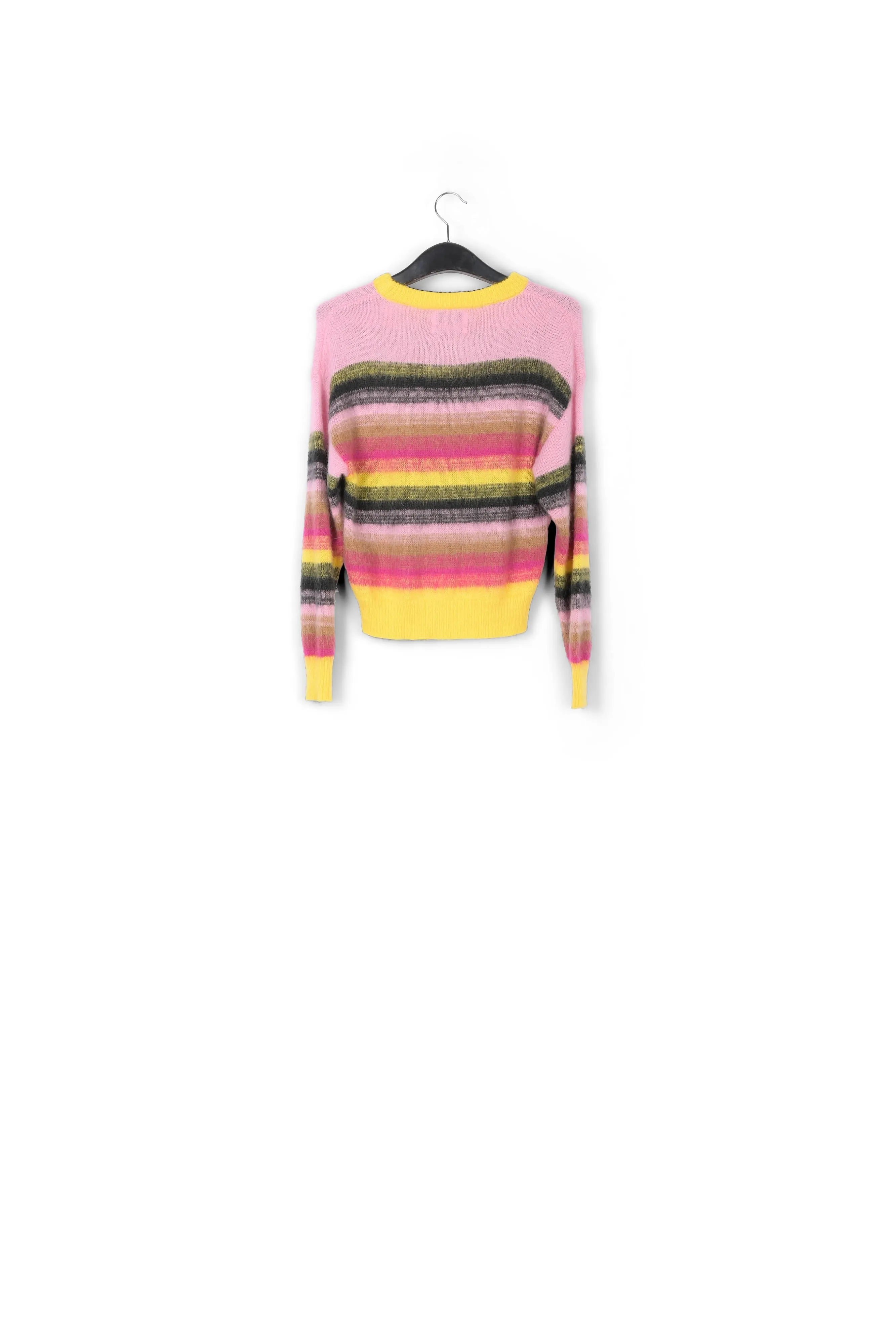 Yellow, pink and black striped knit sweater