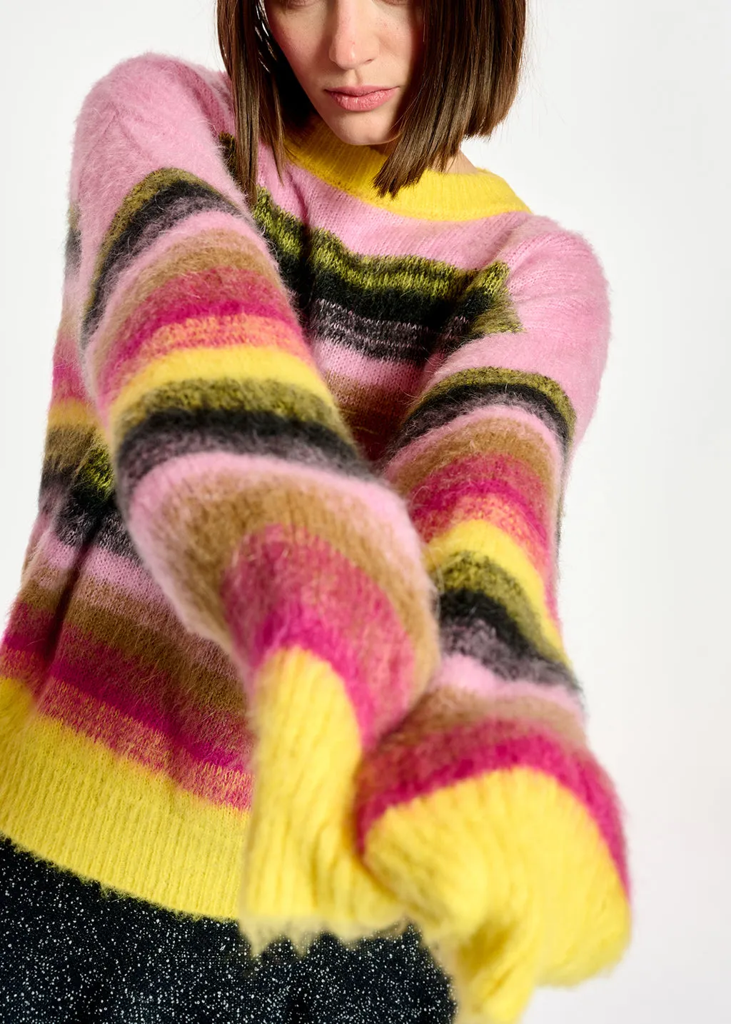 Yellow, pink and black striped knit sweater